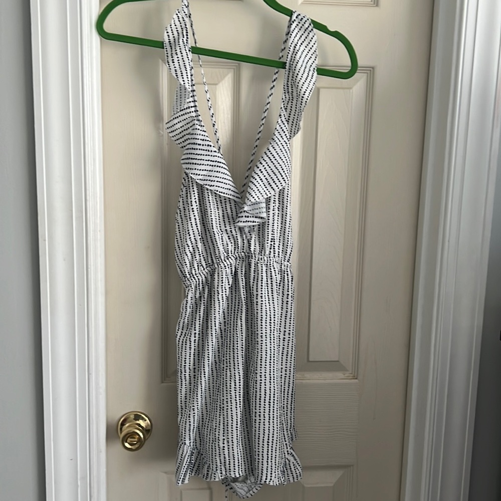White and blue romper with ruffles
